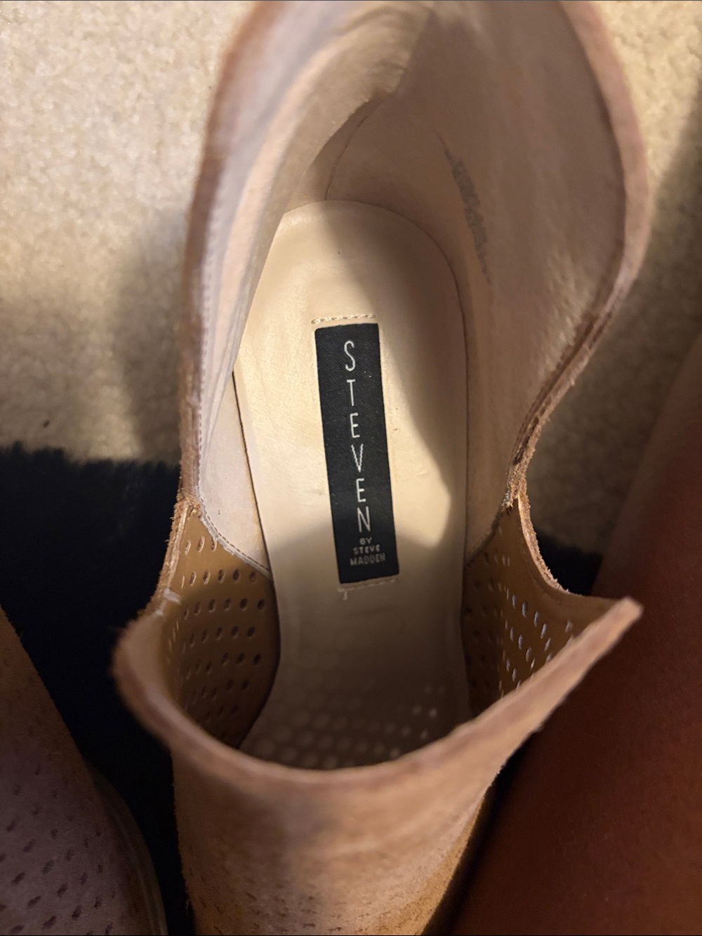 Women’s Perforated Tan Suede Ankle Booties - Picture 3 of 4